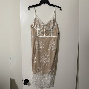 Lulus White and Beige Lace Midi Dress